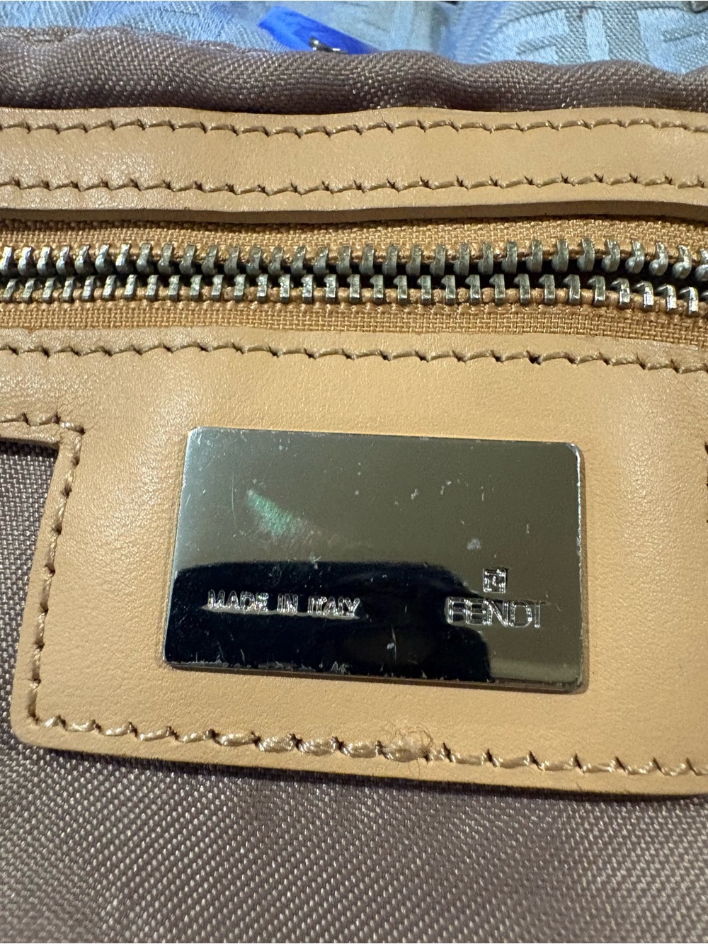 Fendi Light Blue FF Monogram Tote with Tan Leather Straps. - Picture 14 of 16